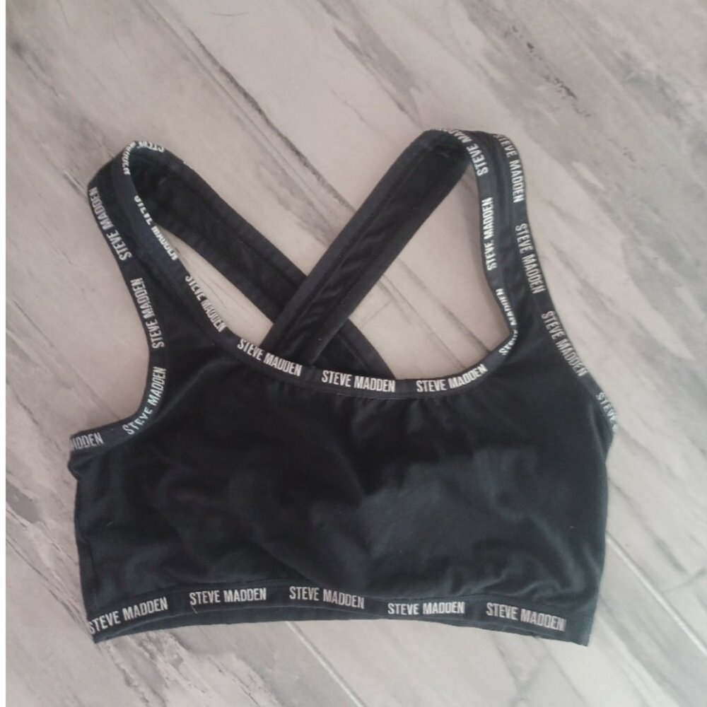 Steve Madden Logo Plus Size Racerback Light Support Black/White Sports Bra 1XL